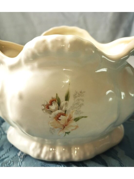 Cachepot with Handles Porcelain Vintage – Ivory Floral Ceramic Vase Bowl – Shabb - Picture 1 of 10